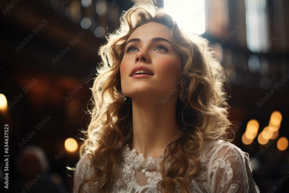 Woman standing in a cathedral looking up - stock photography concepts