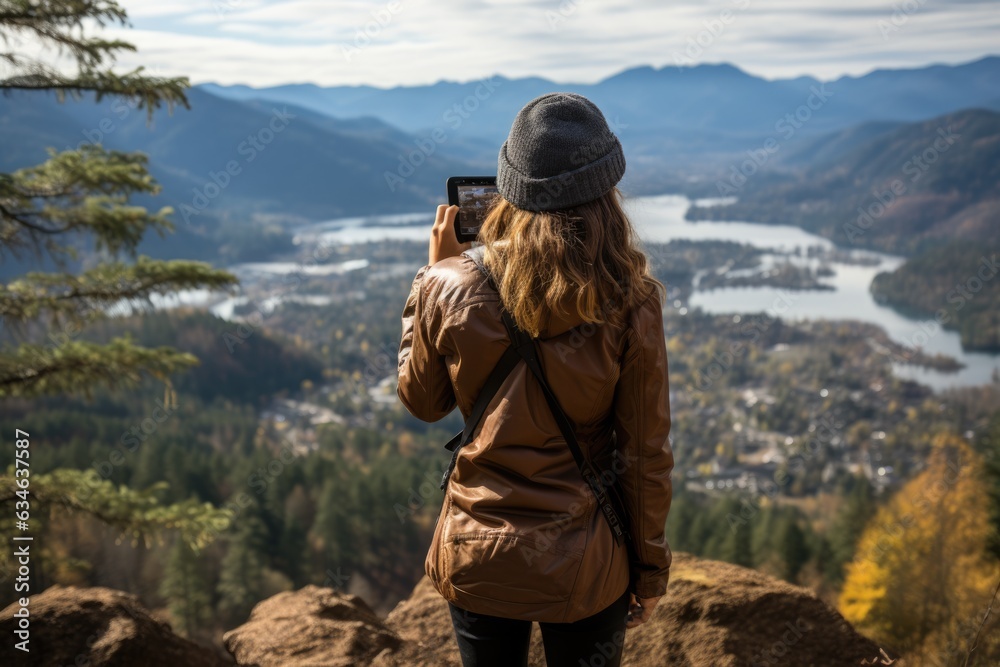 Woman taking a photo of a stunning mountain vista - stock photography concepts Woman taking a photo of a stunning mountain vista - stock photography concepts