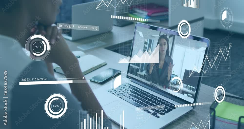 Animation of graphs, loading circles and bars over diverse coworkers sharing ideas on video call Animation of graphs, loading circles and bars over diverse coworkers sharing ideas on video call