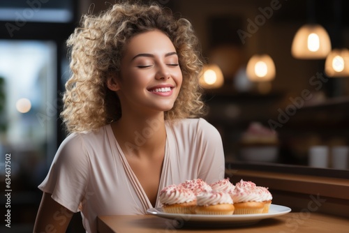 Woman savoring a bite of a delectable dessert - stock photography concepts