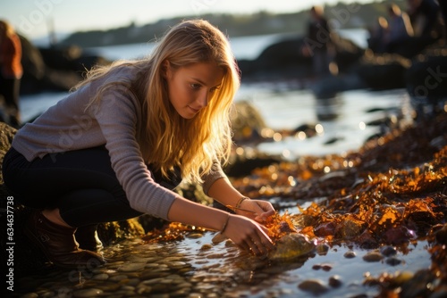 Young girl exploring a tide pool - stock photography concepts