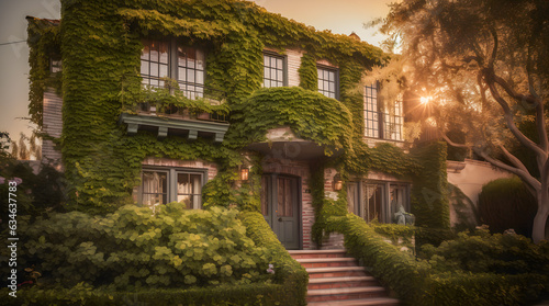 Beautiful facade of a house covered in green climbing ivy plants, sunset light hitting beautiful building, house with green plants 