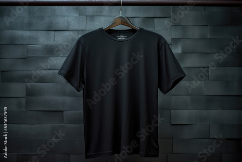 Black cotton T-shirt hanging on a hanger, a place for text