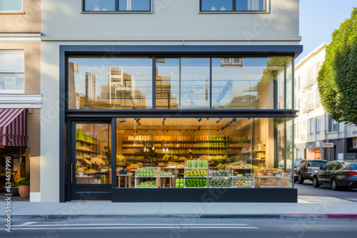 Modern grocery store exterior featuring a large window display and contemporary interior. Front view.  photo