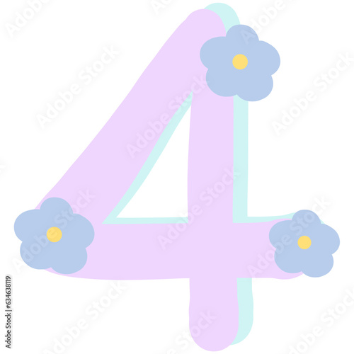 Purple number 4 with flowers isolated on transparent background  photo