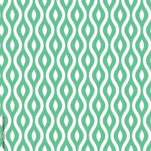 Seamless repeating pattern. Geometric striped ornament with wavy green and white vertical lines. Monochrome linear waves. Modern stylish texture. Vector illustration.
