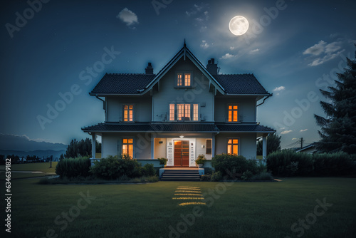 luxury home in the night with moon