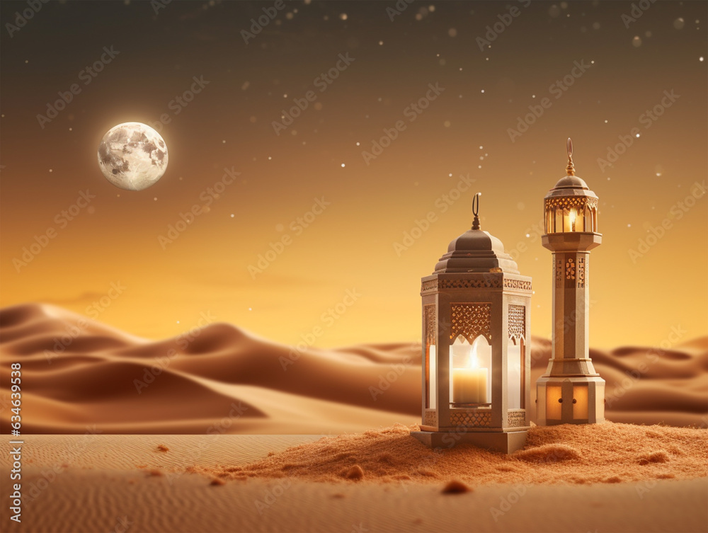 3D rendered Beautiful Islamic background with lanterns in sand template - ai generative