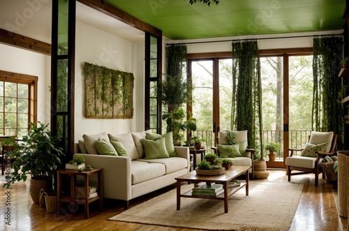 Cozy living room with couch, two chairs, coffee table, and fireplace, indoor plants