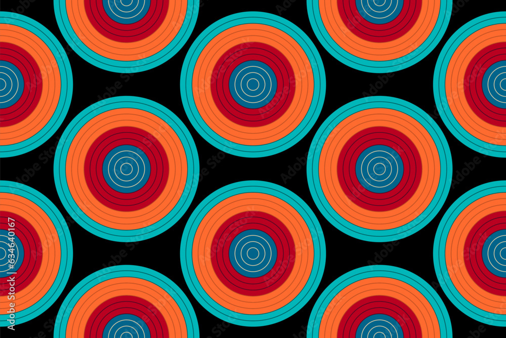 Abstract art seamless pattern with colorful circles on black background. Vector illustration.