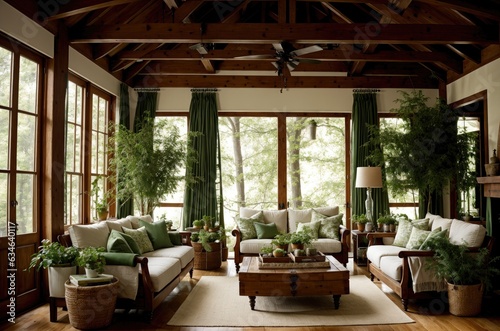 Cozy living room with couch  two chairs  coffee table  and fireplace  indoor plants