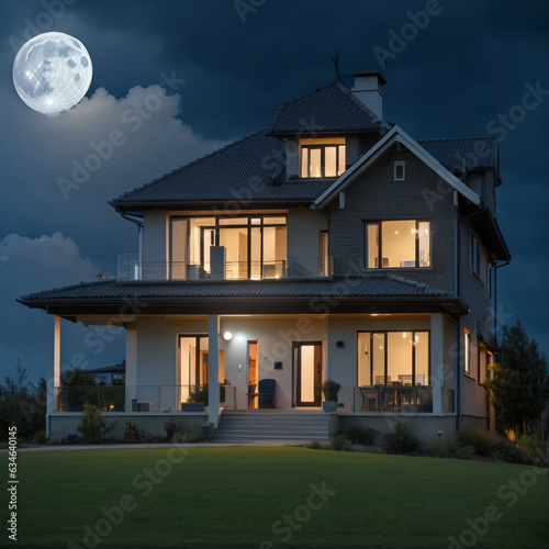 luxury home in the night with moon