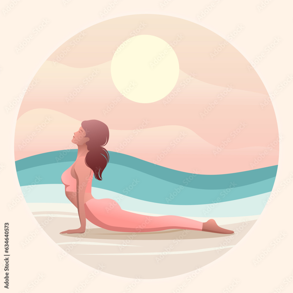 Young woman performing yoga pose on sunny beach. Vector, colorful background, yoga, colorful flat vector.