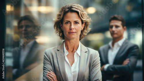 smile of Business woman and her professional team, at modren office and tower view background. 