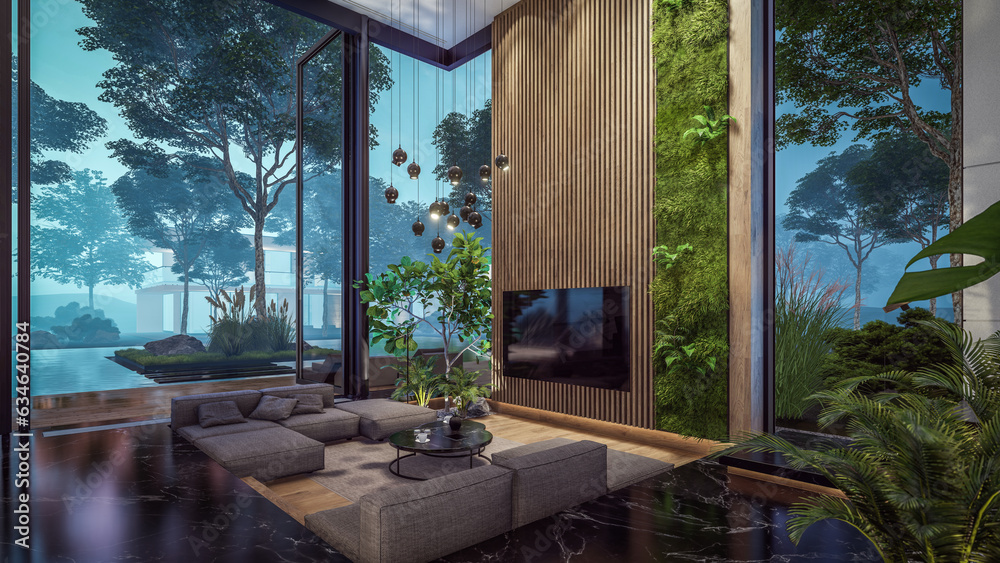 3d rendering of expensive cozy interior with green walls with living dining zone stair and kitchen for sale or rent. Warm interior lighting combined with cold light from night street