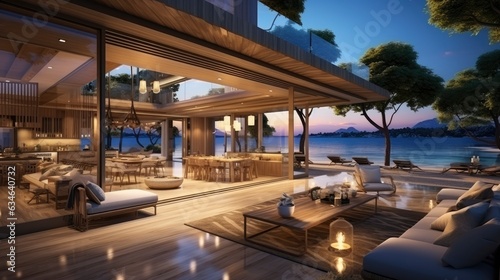 Luxury villa with terrace interior, amazing background © kanesuan