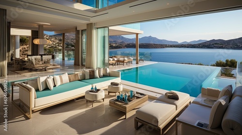 Luxury villa with terrace interior, amazing background © kanesuan