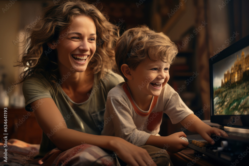 Happy mother and son play video games in living room. Generative Ai Happy mother and son play video games in living room. Generative Ai