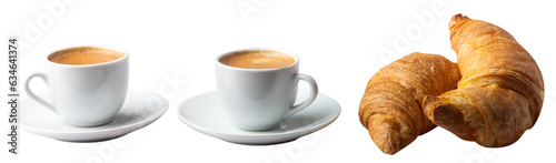 two cups of coffee and croissants on an isolated background
