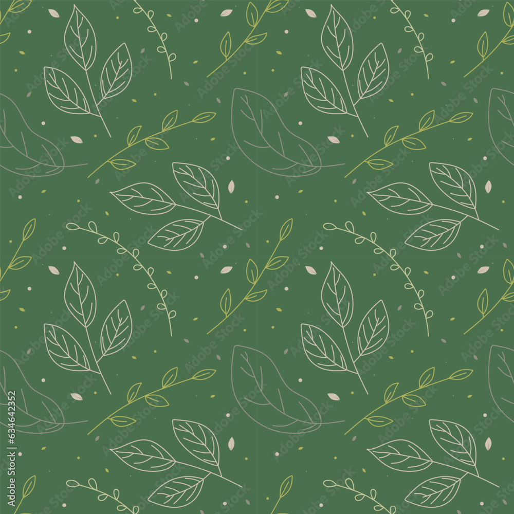 Seamless pattern with leaves on green nature style. Hand drawn elements of botanical leaf texture for decoration, wallpaper, packaging print, textile. Vector illustration in doodle and sketch style