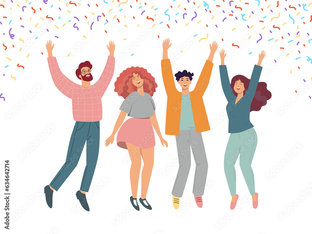 Happy jumping group of people, confetti around. Flat Illustration on transparent background