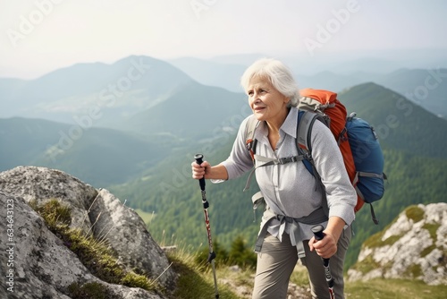 Senior woman hiking. Generate Ai