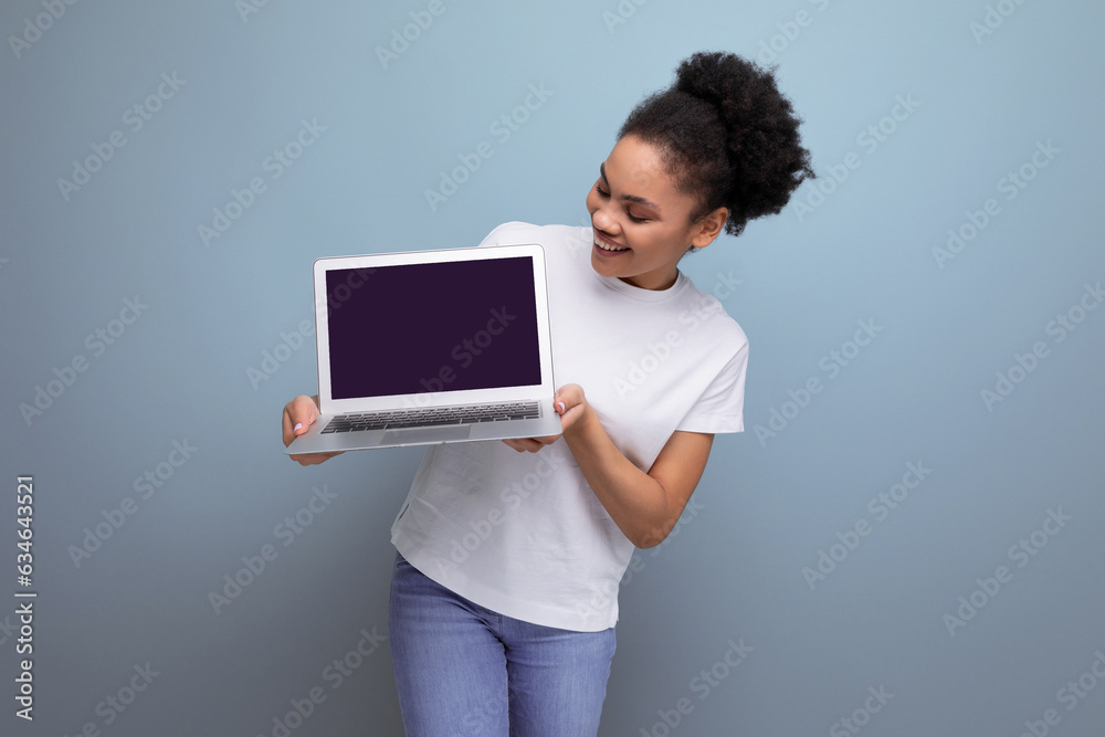 young brunette latin woman in white t-shirt studying remotely using laptop young brunette latin woman in white t-shirt studying remotely using laptop