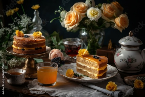 Tea table cake served. Generate Ai