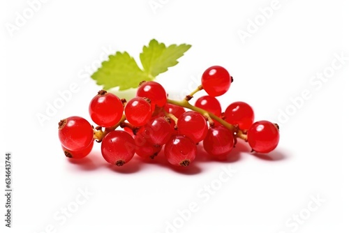 Ripe fresh red currants with green leaves isolated on white background, close-up.