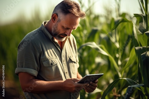 a modern adult farmer in a corn field using a digital tablet
