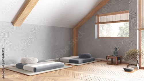 Minimal meditation room in white and gray tones in modern penthouse. Pillows, tatami mats and window. Wooden beams and parquet floor. Japanese interior design photo