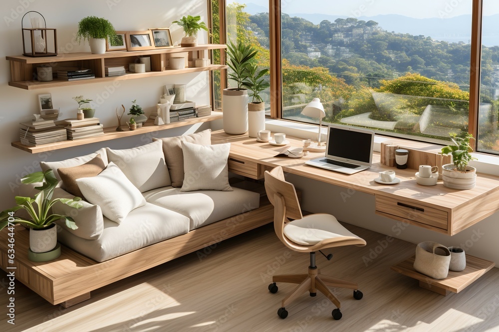 The interior of a beautiful office-style house with additional modern furniture a computer table and small plant pots a natural and inviting atmosphere.