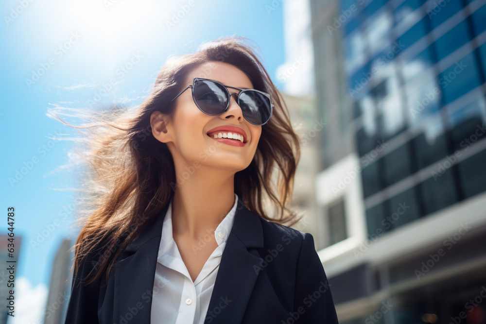 Asian young woman walking in the city looking at the sky, business suit, sunglasses, professional look, hyper realistic. clear sharp business success concept. AI generated illustration