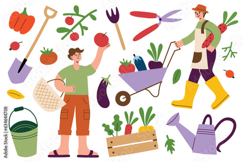 People harvest vegetables and fruit in garden, harvesting hand drawn collection, doodle icons of eggplants, apples, tomatoes, vector illustration of happy gardeners, autumn farm set