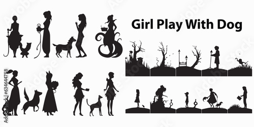 Silhouette girl plays with dog vector illustration