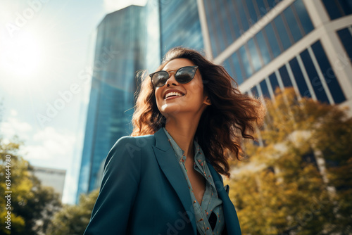 Asian young woman walking in the city looking at the sky, business suit, sunglasses, professional look, hyper realistic. clear sharp business success concept. AI generated illustration