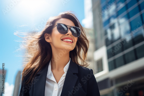 Asian young woman walking in the city looking at the sky, business suit, sunglasses, professional look, hyper realistic. clear sharp business success concept. AI generated illustration © Enrique