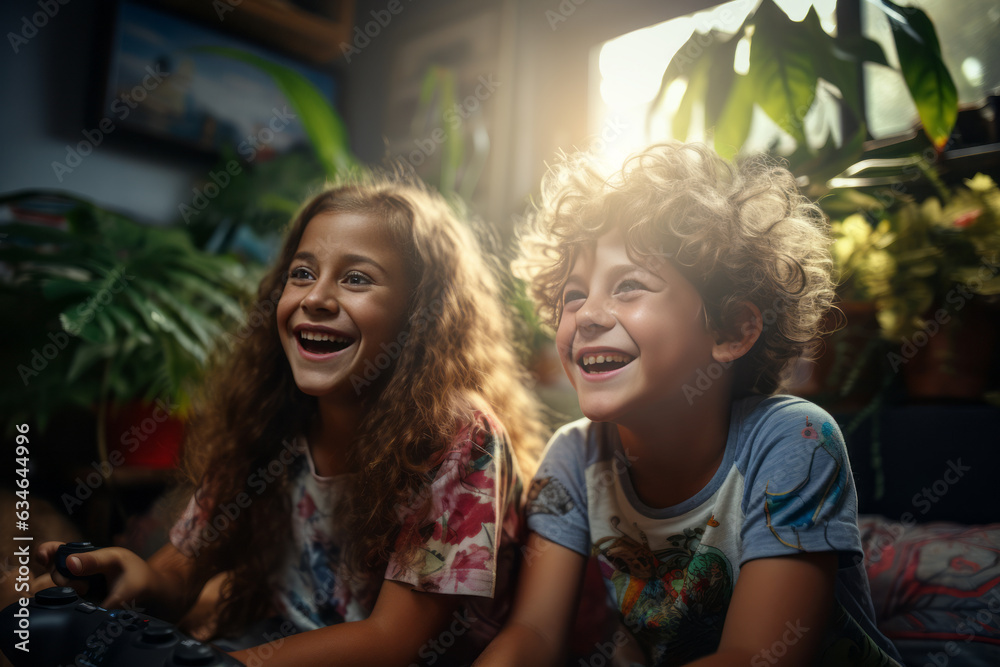Brother and sister laugh and play video games together in modern living room. Generative AI Brother and sister laugh and play video games together in modern living room. Generative AI