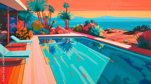 Painting of a pool and deck  in the style of vibrant compositions  desertwave  tropical symbolism  light red and azure  sharp prickly  serene oceanic vistas 