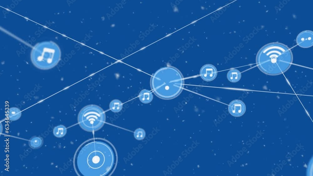 Animation of white particles falling over network of digital icons against blue background