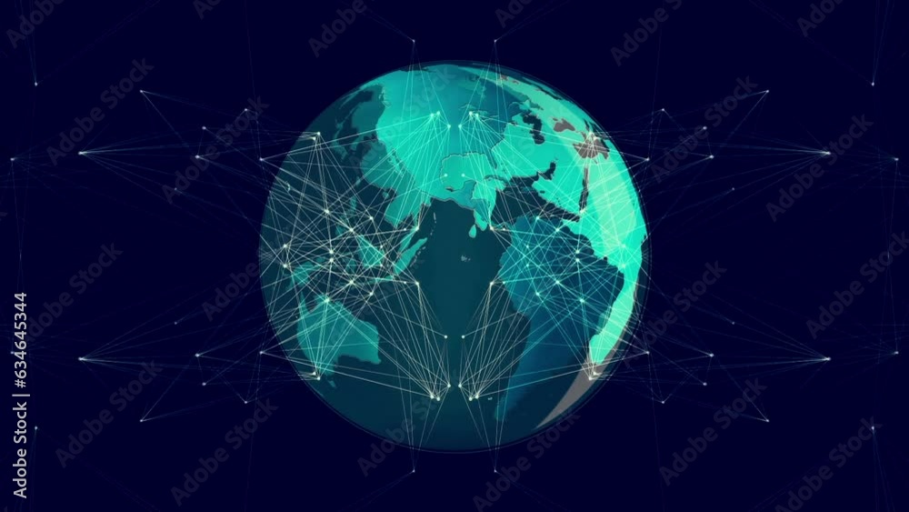 Animation of network of connections over spinning globe against blue background Animation of network of connections over spinning globe against blue background