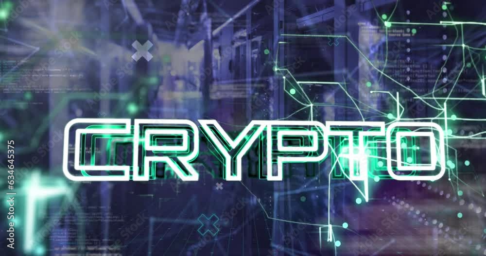 Animation of crypto text banner, green light trails and data processing against computer server room Animation of crypto text banner, green light trails and data processing against computer server room