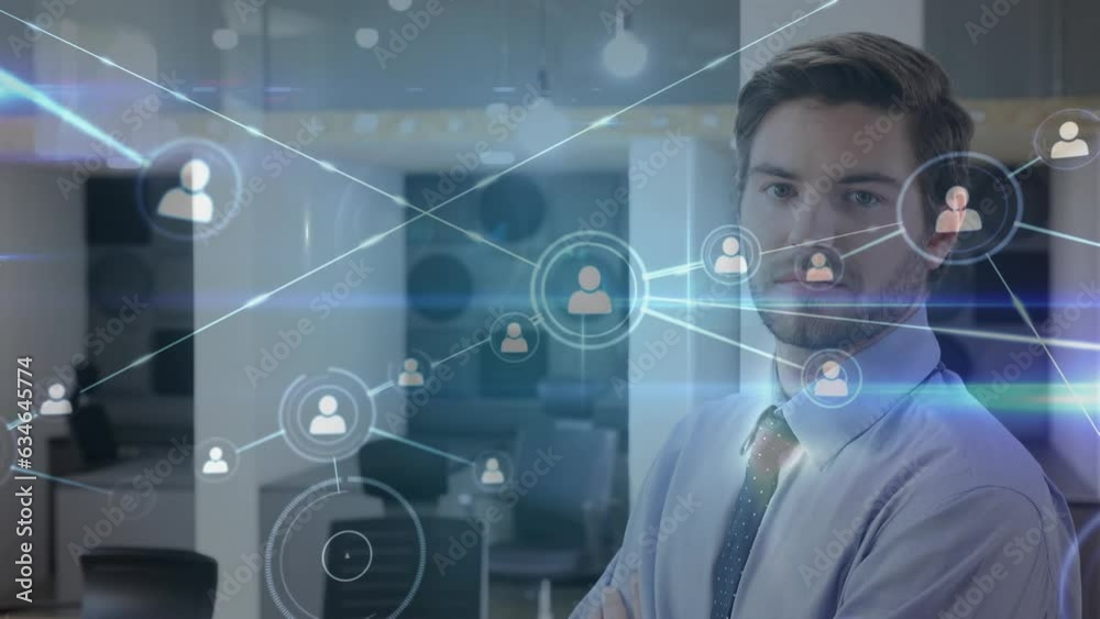 Animation of network of profiles and light trails over portrait of caucasian businessman at office Animation of network of profiles and light trails over portrait of caucasian businessman at office