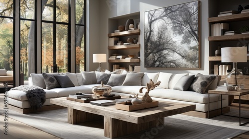 home interior design of  Elegant Living Room with Mixed Lighting and Geometric Patterns - Intellectual Conversation Space with Open Arrangement
