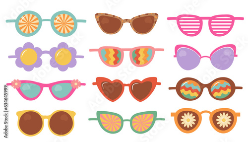 Groovy hippie sunglasses set. Cute retro psychedelic glasses 60s, 70s, 80s. Fashion aesthetic collection.