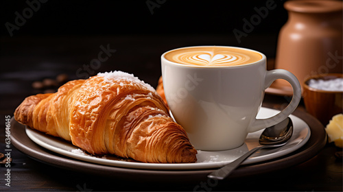 Croissants placed on white plate ready to serve with Cappuccino coffee, studio light, studio background.
