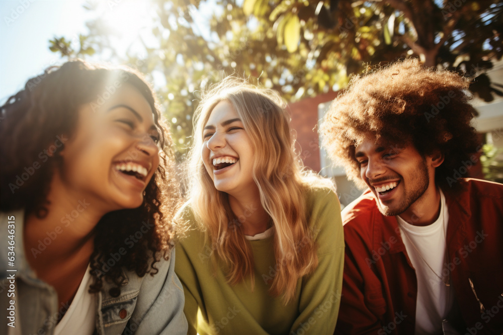 Obraz premium A group of modern young people laugh and play together. 