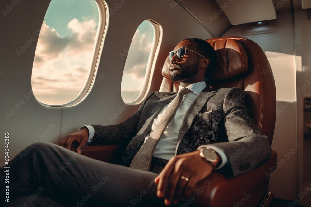 Afro American businessman sitting in the chair of private jet. Generative AI Afro American businessman sitting in the chair of private jet. Generative AI