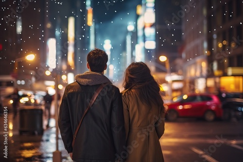 rearview multiethnic couple travelers exploring city at night
