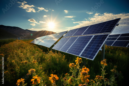 An array of solar panels in field of wildflowers.. 